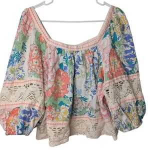 Christian Siriano Floral Peasant Blouse in Coral, Blue, Green, Yellow